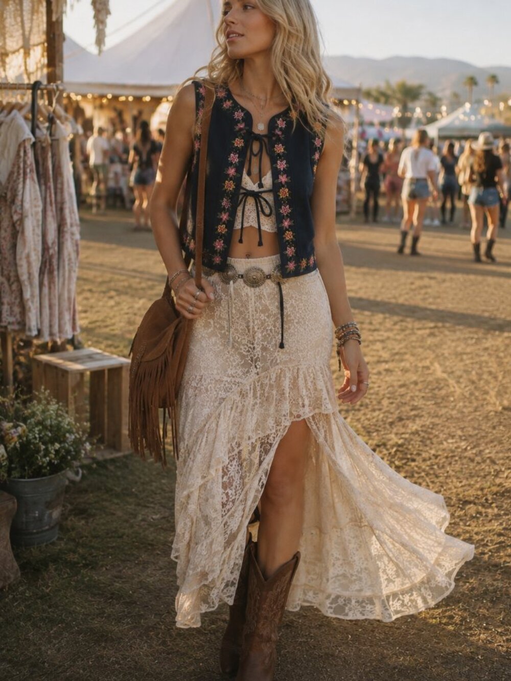 Tie Front Blue Suede Vest with Floral Embroidery